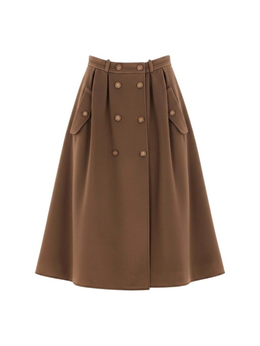 Chanel Store Heavy Melton Pleated Double Skirt CC Logo Button Brown